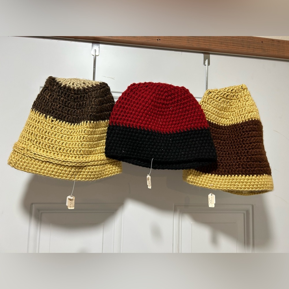 Handmade Crochet Hats, 2 Tan & Brown, 1 Red & Black
